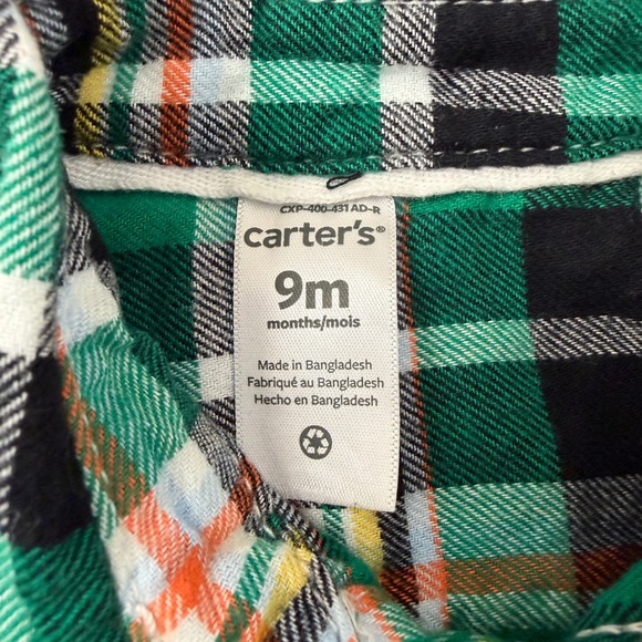 Carters Baby Green Plaid Flannel Button Down Shirt 9 Months - Picture 2 of 4